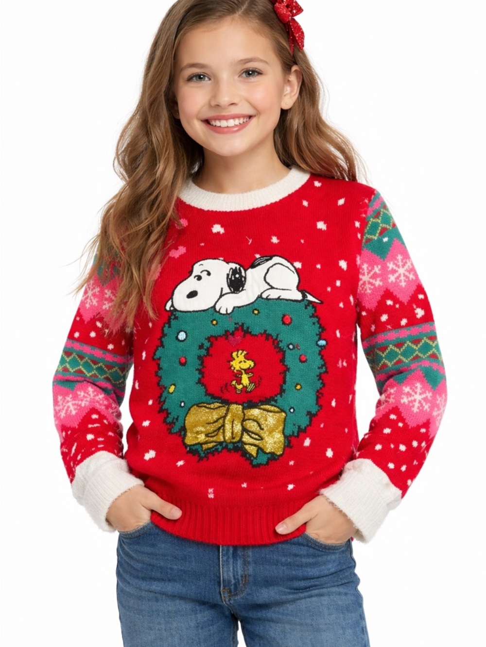 Peanuts • NWT Red Snoopy & Woodstock Holiday Wreath Sweater 7/8